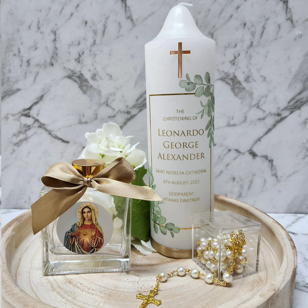 Holy Water Glass Bottle with Gold Foiled Religious Images