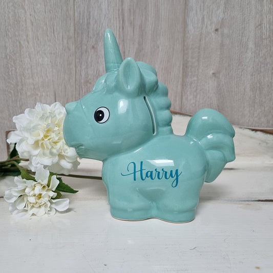 Personalised Aqua Ceramic Unicorn Money Box