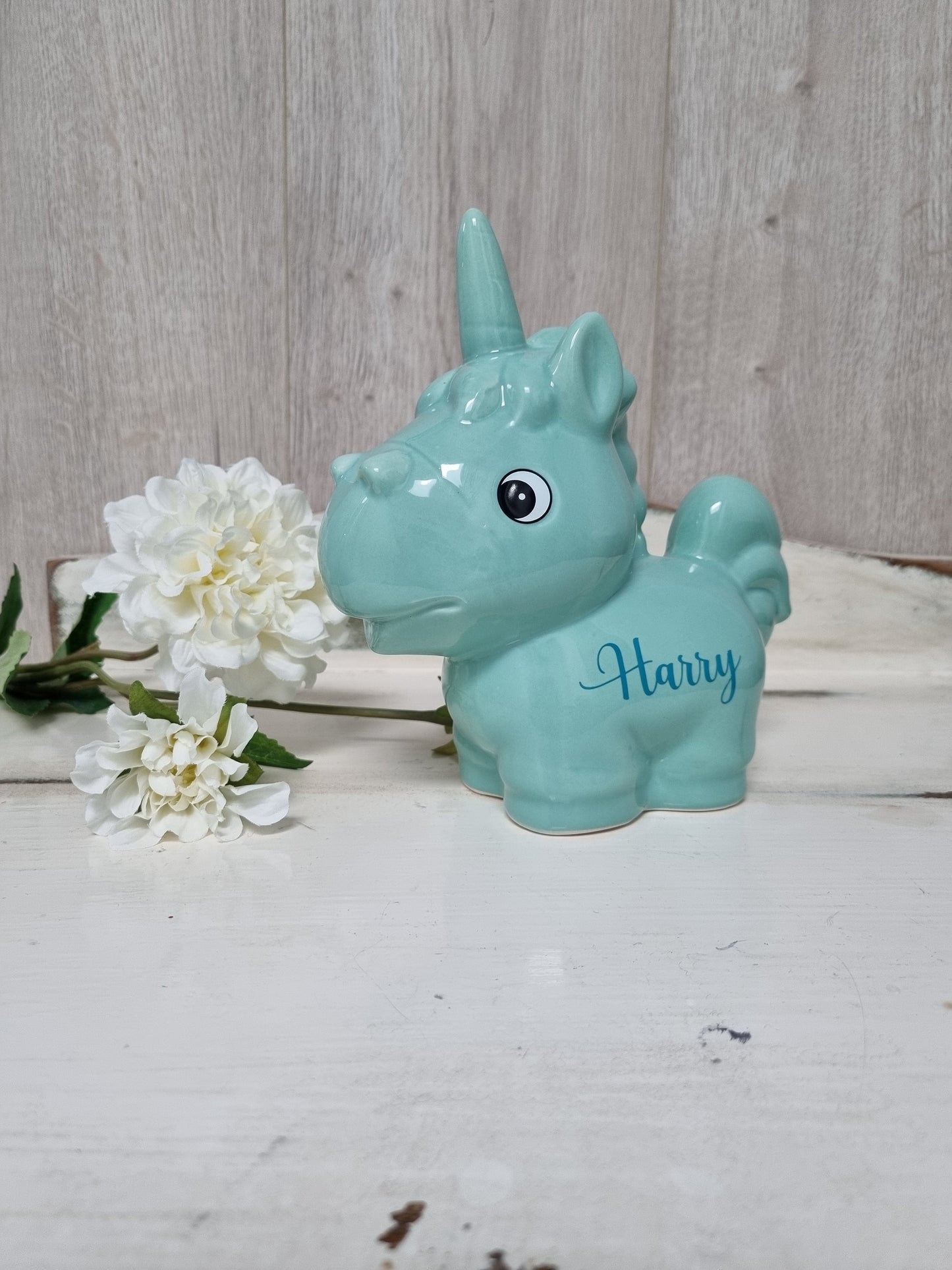 Personalised Aqua Ceramic Unicorn Money Box