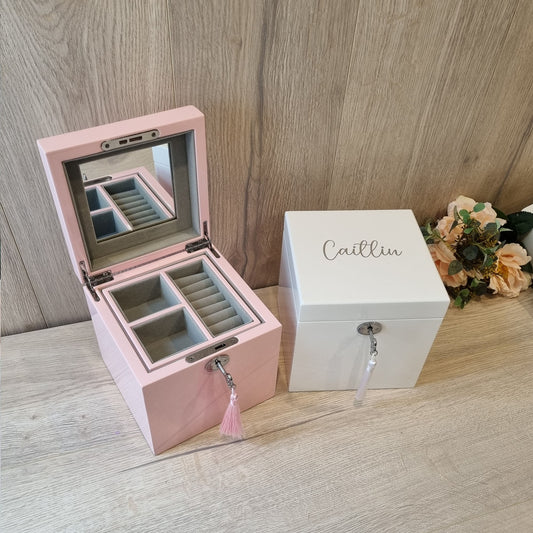 Personalised Square Wooden Jewellery Box in Pink or White